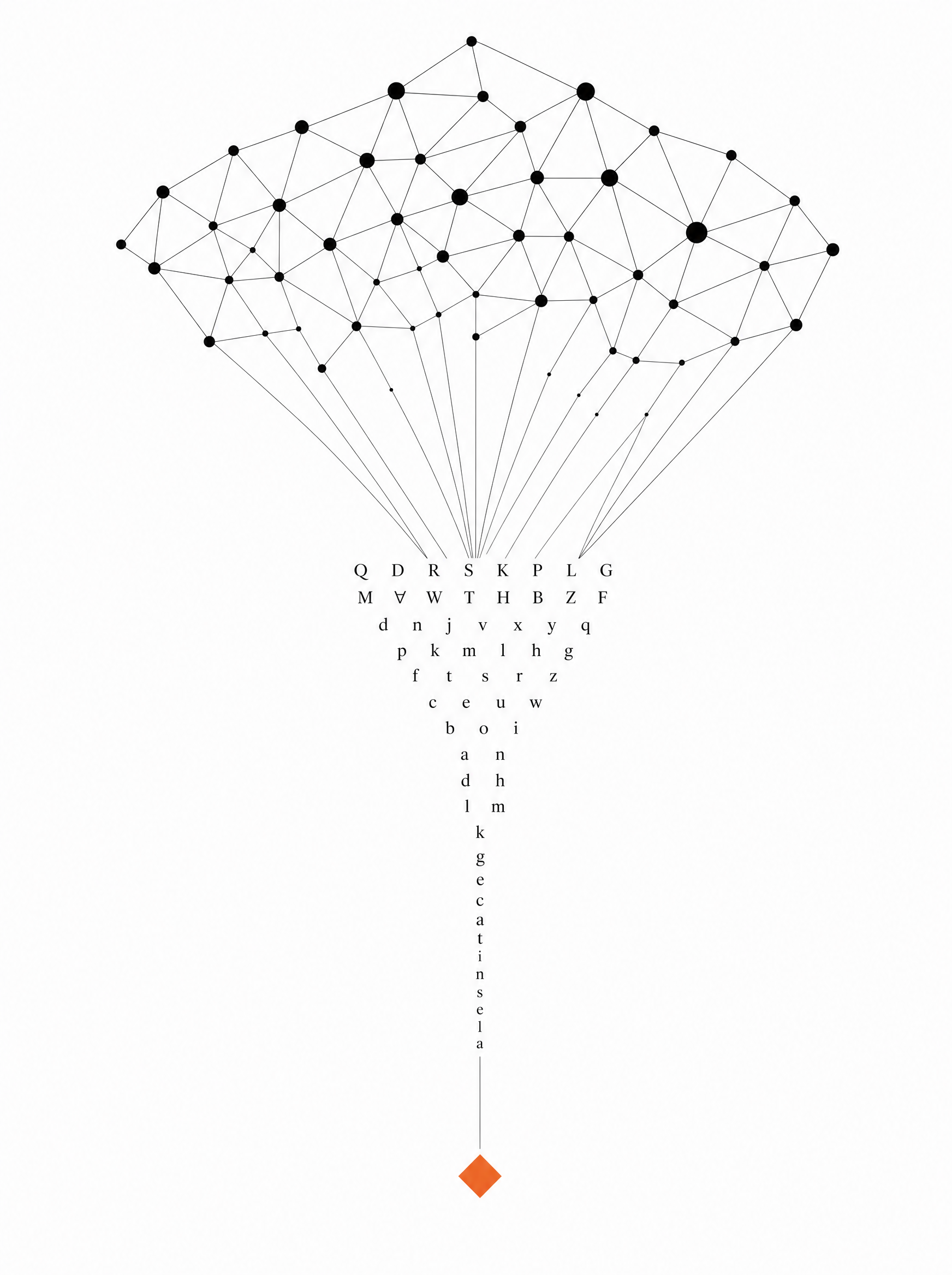 Crisp black-and-white diagram of connected nodes narrowing into letterforms, with a single orange accent, on white